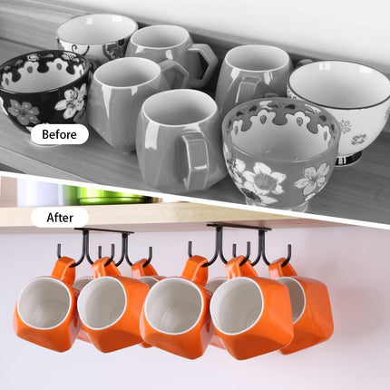 Under Cabinet Industrial Mug Holder - Space-Saving Hanging Rack for Mugs, Cups & Kitchen Accessories - 4 Hooks - 2 Pack.