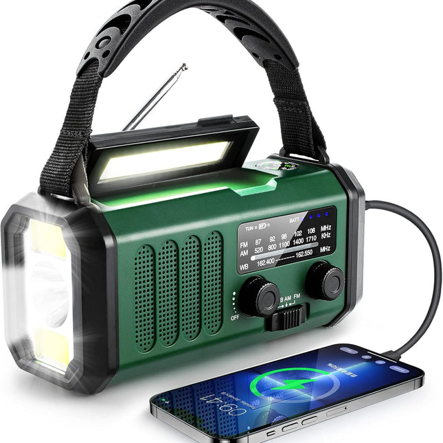 10000mAh Solar Powered Emergency Radio & Power Bank All-in-1 Survival Device with Hand Crank NOAA Alert Powerful Flashlight for Outdoor Camping and Emergency Use.