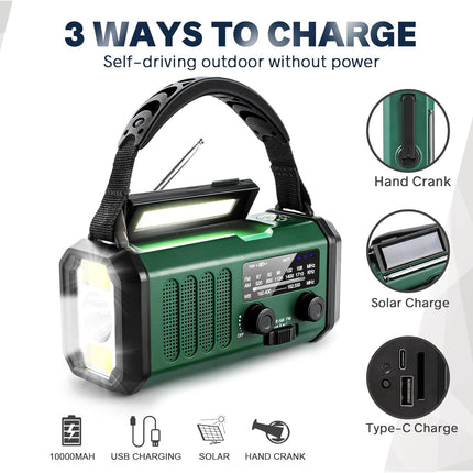 10000mAh Solar Powered Emergency Radio & Power Bank All-in-1 Survival Device with Hand Crank NOAA Alert Powerful Flashlight for Outdoor Camping and Emergency Use.