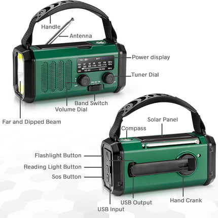 10000mAh Solar Powered Emergency Radio & Power Bank All-in-1 Survival Device with Hand Crank NOAA Alert Powerful Flashlight for Outdoor Camping and Emergency Use.
