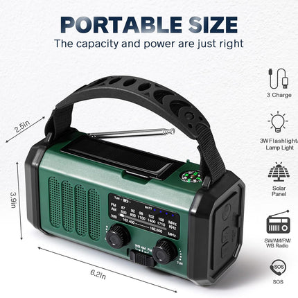 10000mAh Solar Powered Emergency Radio & Power Bank All-in-1 Survival Device with Hand Crank NOAA Alert Powerful Flashlight for Outdoor Camping and Emergency Use.