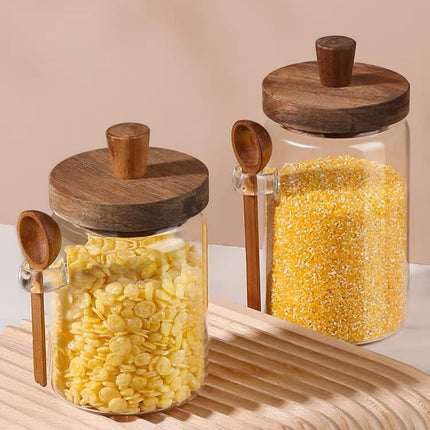 600ml Coffee Storage Container with Wooden Lid and Spoon Airtight Moisture-Proof Food Keeper for Coffee Beans Tea Sugar.