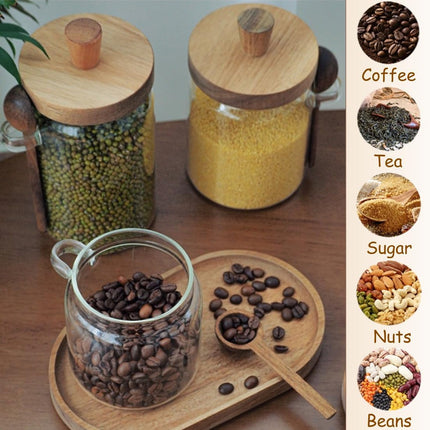 600ml Coffee Storage Container with Wooden Lid and Spoon Airtight Moisture-Proof Food Keeper for Coffee Beans Tea Sugar.