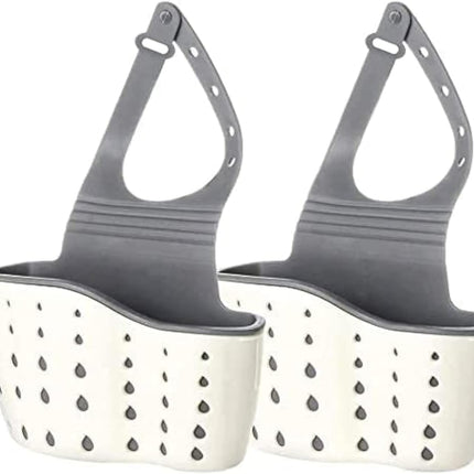 2Pcs Beige Kitchen Sink Caddy Adjustable Hanging Silicone Plastic Soap Holder with Faucet Drain Hole for Drying.