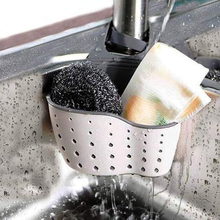 2Pcs Beige Kitchen Sink Caddy Adjustable Hanging Silicone Plastic Soap Holder with Faucet Drain Hole for Drying.