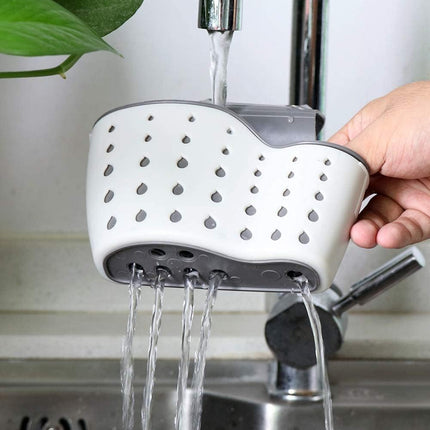 2Pcs Beige Kitchen Sink Caddy Adjustable Hanging Silicone Plastic Soap Holder with Faucet Drain Hole for Drying.