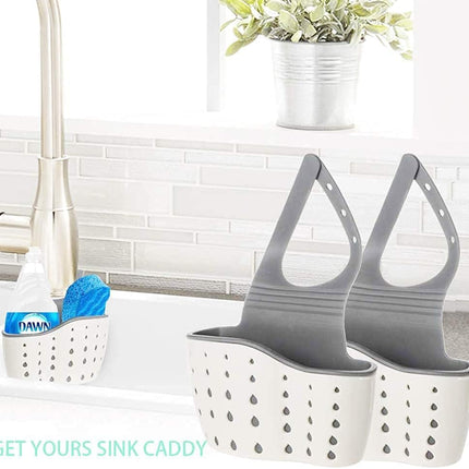 2Pcs Beige Kitchen Sink Caddy Adjustable Hanging Silicone Plastic Soap Holder with Faucet Drain Hole for Drying.