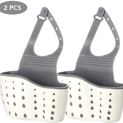 2Pcs Beige Kitchen Sink Caddy Adjustable Hanging Silicone Plastic Soap Holder with Faucet Drain Hole for Drying.