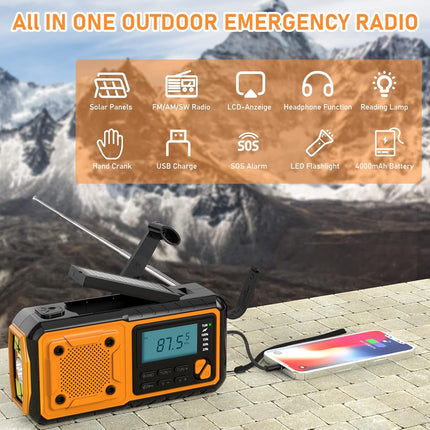 Emergency Radio Flashlight 4000mAh Hand Crank Portable AM/FM Radio for Camping Outdoor Emergencies Orange.