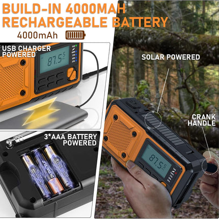 Emergency Radio Flashlight 4000mAh Hand Crank Portable AM/FM Radio for Camping Outdoor Emergencies Orange.