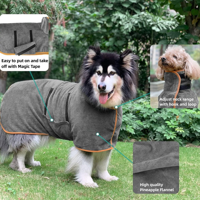 Dog Bathrobe - 1 Piece - Size M - Grey with Orange Piping - Absorbent Dog Towel - Adjustable Strap Dog Robe - Pet Drying Coat.