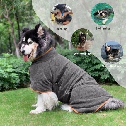 Dog Bathrobe - 1 Piece - Size M - Grey with Orange Piping - Absorbent Dog Towel - Adjustable Strap Dog Robe - Pet Drying Coat.