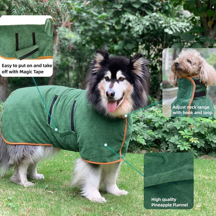 Green Dog Bathrobe with Orange Piping Size S - Adjustable Strap Pet Towel for Dogs.