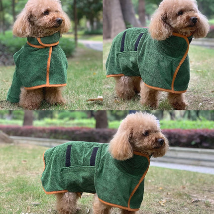 Green Dog Bathrobe with Orange Piping Size S - Adjustable Strap Pet Towel for Dogs.