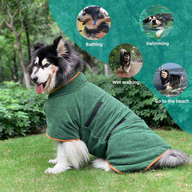 Dog Bathrobe - Size M - Green with Orange Trim - Absorbent Pet Towel with Adjustable Strap.