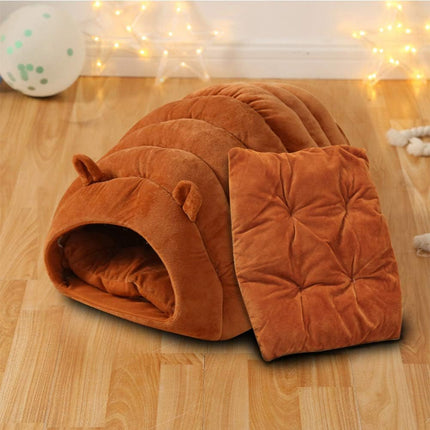 Orange Brown Cat Cave Bed - Cozy Pet House for Cats - Soft Comfortable Kitten Bed.