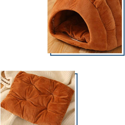 Orange Brown Cat Cave Bed - Cozy Pet House for Cats - Soft Comfortable Kitten Bed.