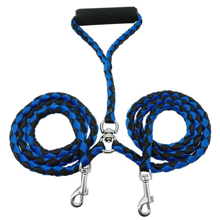Adjustable 1.4m Double Dog Leash with Collar - Black and Blue Sturdy Pet Lead for Dogs.