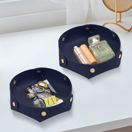 Portable Dark Blue PU Leather Entryway Table Nightstand Organizer for Phones Keys Wallets Watches Coins Travel Plate Sorter.