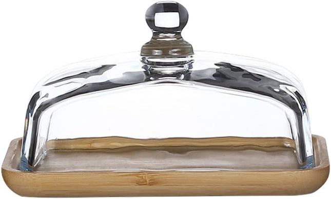 Mini Cake Stand with Glass Dome - Wooden Serving Board for Cupcakes Cheese - Butter Dome as Kitchen Decoration Gift.