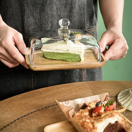 Mini Cake Stand with Glass Dome - Wooden Serving Board for Cupcakes Cheese - Butter Dome as Kitchen Decoration Gift.