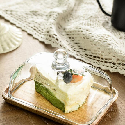 Mini Cake Stand with Glass Dome - Wooden Serving Board for Cupcakes Cheese - Butter Dome as Kitchen Decoration Gift.