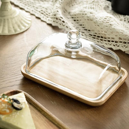 Mini Cake Stand with Glass Dome - Wooden Serving Board for Cupcakes Cheese - Butter Dome as Kitchen Decoration Gift.