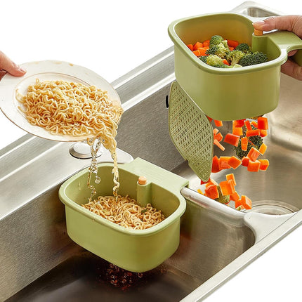 Green Multi-Functional Hanging Food Strainer for Sinks One Touch Release Screen Auto-Dump Kitchen Waste Filter Fruit Vegetable Washer.