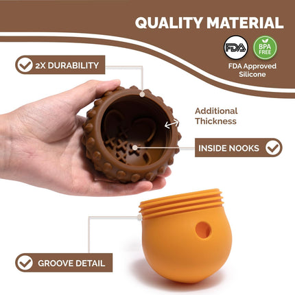 Interactive Food-Grade Silicone Dog Treat Dispenser Toy for Mental Stimulation and Healthy Eating with Removable Lid Dishwasher Safe Suitable for All Dog Sizes.