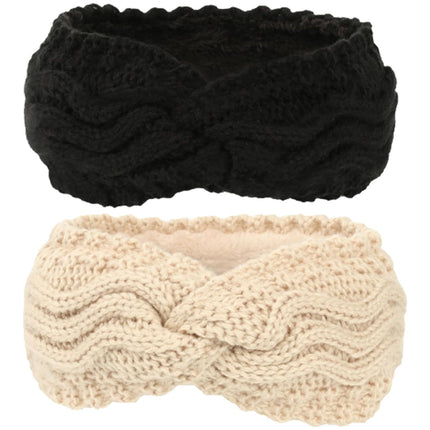 Winter Knitted Ear Warmers Headband - Beige and Black - Warm - One Size - 2 Pack.