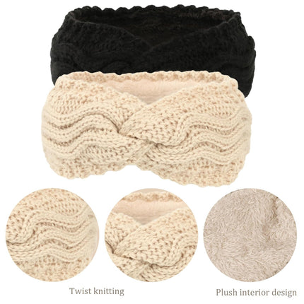 Winter Knitted Ear Warmers Headband - Beige and Black - Warm - One Size - 2 Pack.