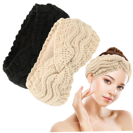 Winter Knitted Ear Warmers Headband - Beige and Black - Warm - One Size - 2 Pack.