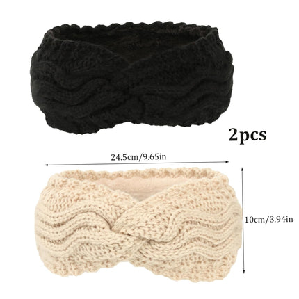 Winter Knitted Ear Warmers Headband - Beige and Black - Warm - One Size - 2 Pack.