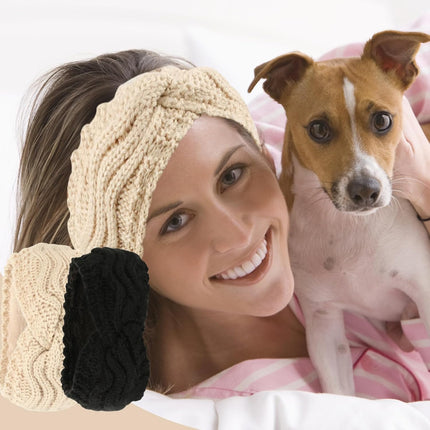 Winter Knitted Ear Warmers Headband - Beige and Black - Warm - One Size - 2 Pack.