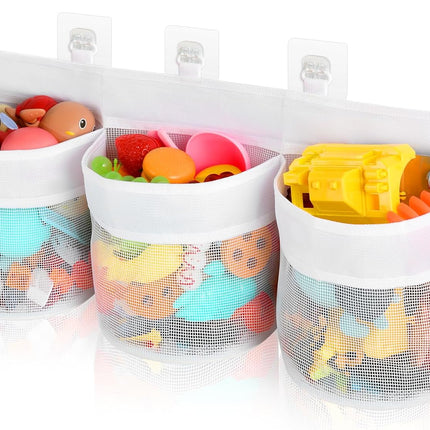 Bathroom Storage Bag with Three Compartments - Bath Toy Organizer - 23.8x9.8x4.7 Inch - White.