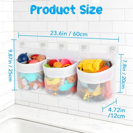 Bathroom Storage Bag with Three Compartments - Bath Toy Organizer - 23.8x9.8x4.7 Inch - White.