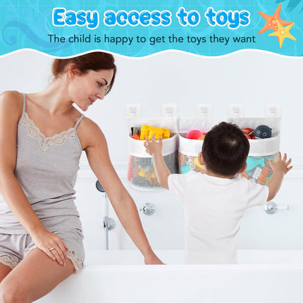 Bathroom Storage Bag with Three Compartments - Bath Toy Organizer - 23.8x9.8x4.7 Inch - White.