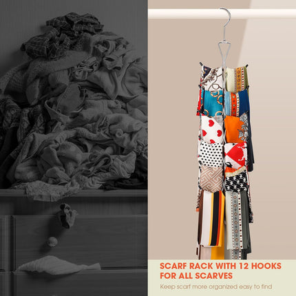 12 Hook 360° Rotating Multifunctional Hanger for Scarves Bags Hats - Silver Closet Organizer.