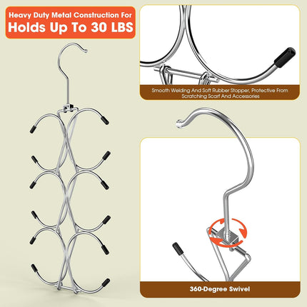 12 Hook 360° Rotating Multifunctional Hanger for Scarves Bags Hats - Silver Closet Organizer.