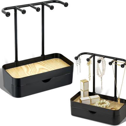 Industrial Jewelry Organizer with Wooden Tray - Necklace Holder & Storage for Women - Black - Gift Idea.