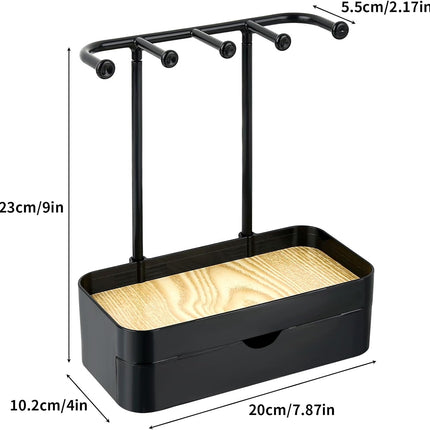 Industrial Jewelry Organizer with Wooden Tray - Necklace Holder & Storage for Women - Black - Gift Idea.