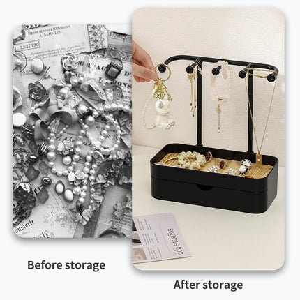 Industrial Jewelry Organizer with Wooden Tray - Necklace Holder & Storage for Women - Black - Gift Idea.