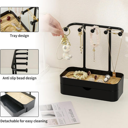 Industrial Jewelry Organizer with Wooden Tray - Necklace Holder & Storage for Women - Black - Gift Idea.
