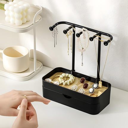 Industrial Jewelry Organizer with Wooden Tray - Necklace Holder & Storage for Women - Black - Gift Idea.