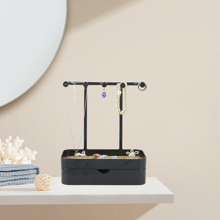 Industrial Jewelry Organizer with Wooden Tray - Necklace Holder & Storage for Women - Black - Gift Idea.