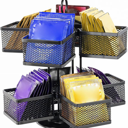 Rotating Tea Bag Organizer for 96 Sachets - Black Metal Revolving Tea Storage Holder - Luxury Kitchen & Office Gift.