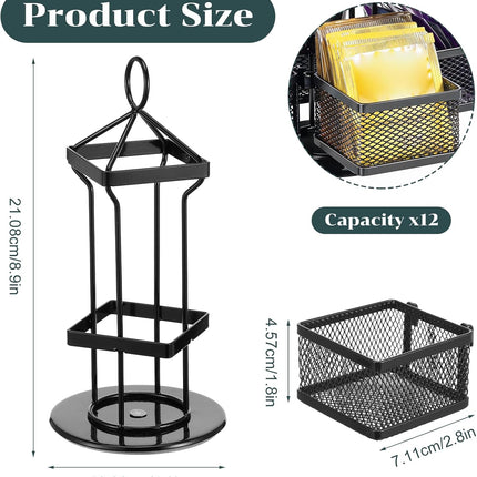 Rotating Tea Bag Organizer for 96 Sachets - Black Metal Revolving Tea Storage Holder - Luxury Kitchen & Office Gift.