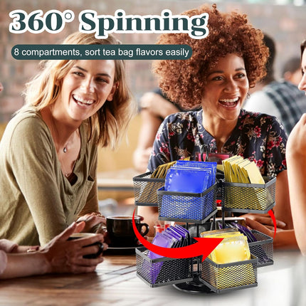 Rotating Tea Bag Organizer for 96 Sachets - Black Metal Revolving Tea Storage Holder - Luxury Kitchen & Office Gift.