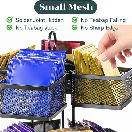 Rotating Tea Bag Organizer for 96 Sachets - Black Metal Revolving Tea Storage Holder - Luxury Kitchen & Office Gift.