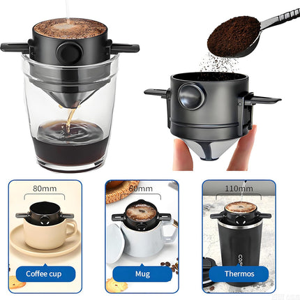 Reusable Stainless Steel Pour Over Coffee Dripper Filter Holder for Sustainable Slow Coffee at Home & Travel Black.